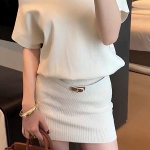 Korean Style Off-Shoulder Knit Short Sleeve Bodycon Dress with Belt