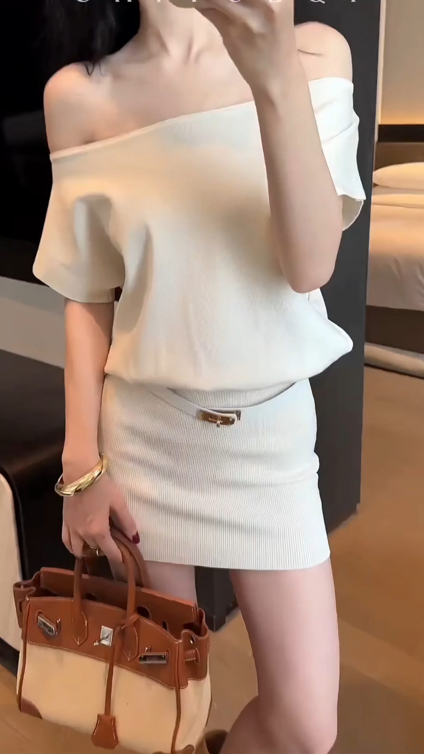 Korean Style Off-Shoulder Knit Short Sleeve Bodycon Dress with Belt