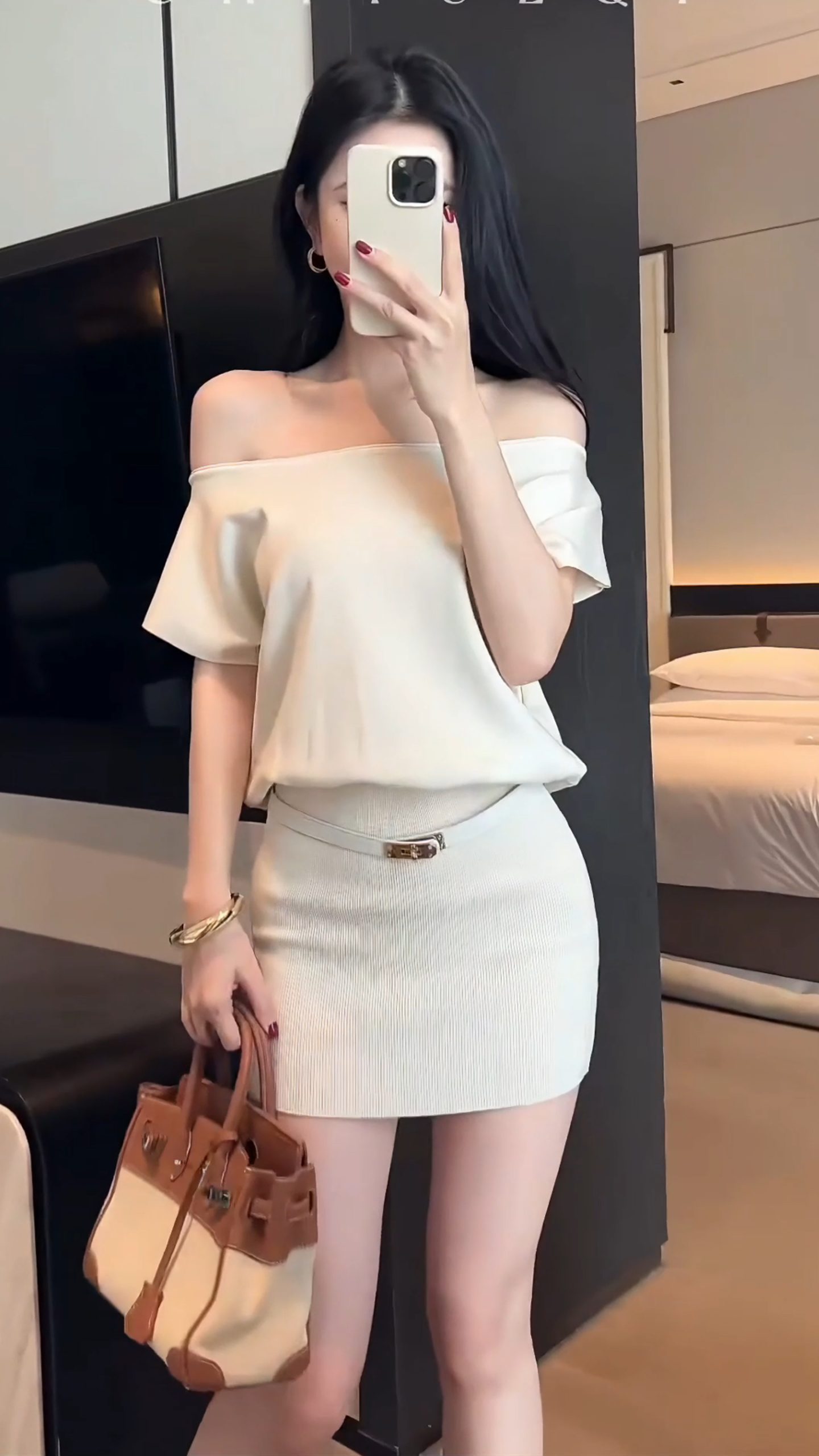 Korean Style Off-Shoulder Knit Short Sleeve Bodycon Dress with Belt - Image 2