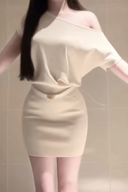 Women's One-Shoulder Short-Sleeve Bodycon Knit Dress with Belt