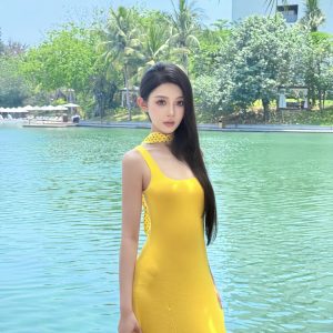 Yellow Square Neck Cami Dress Sleeveless Waist Cinched Summer Vacation