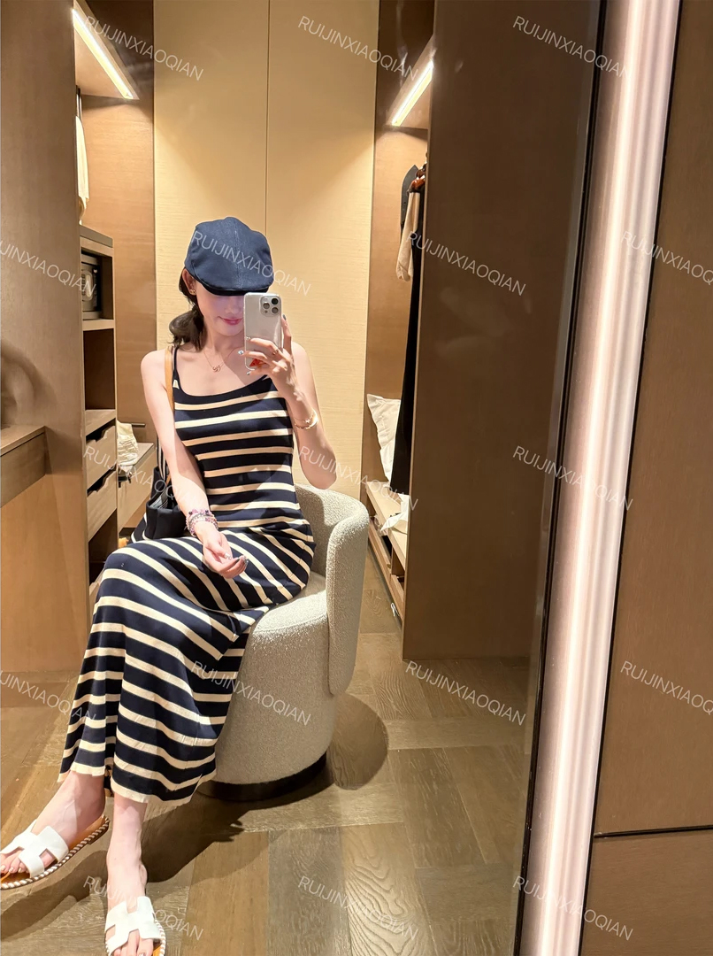 Striped Knit Summer Cami Dress Sleeveless Slim Fit Round Neck Elegant - Image 2