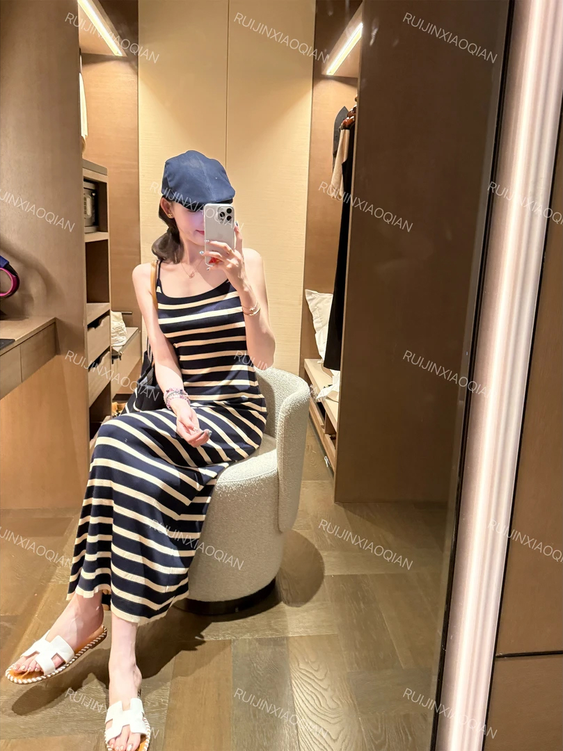 Striped Knit Summer Cami Dress Sleeveless Slim Fit Round Neck Elegant - Image 4