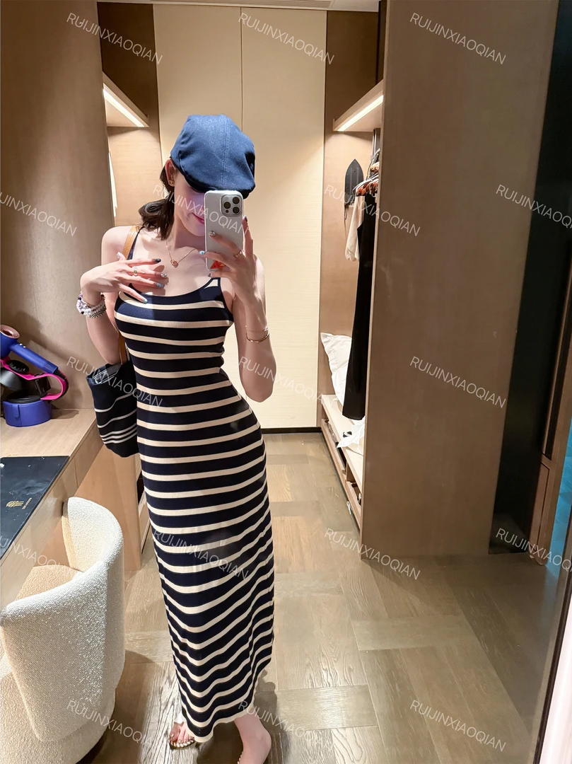 Striped Knit Summer Cami Dress Sleeveless Slim Fit Round Neck Elegant - Image 3