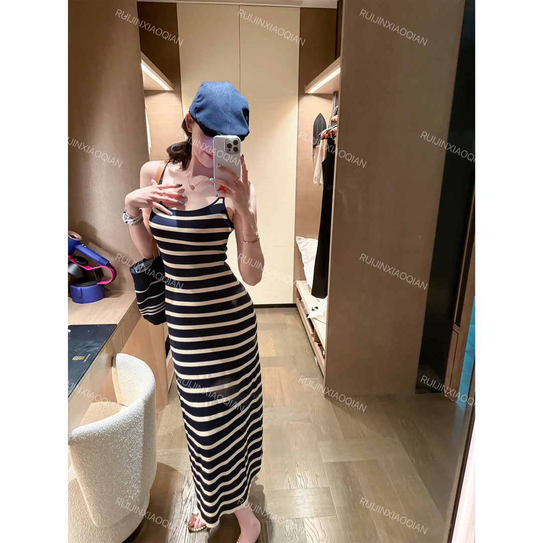 Striped Knit Summer Cami Dress Sleeveless Slim Fit Round Neck Elegant - Image 5