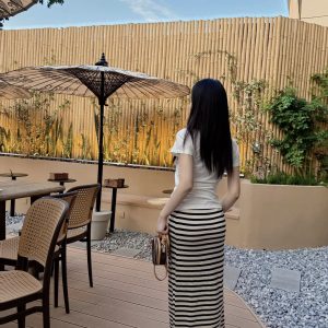 Korean Relaxed Striped Long Skirt for Women 2025 Summer Casual Slimming Straight Tie Skirt