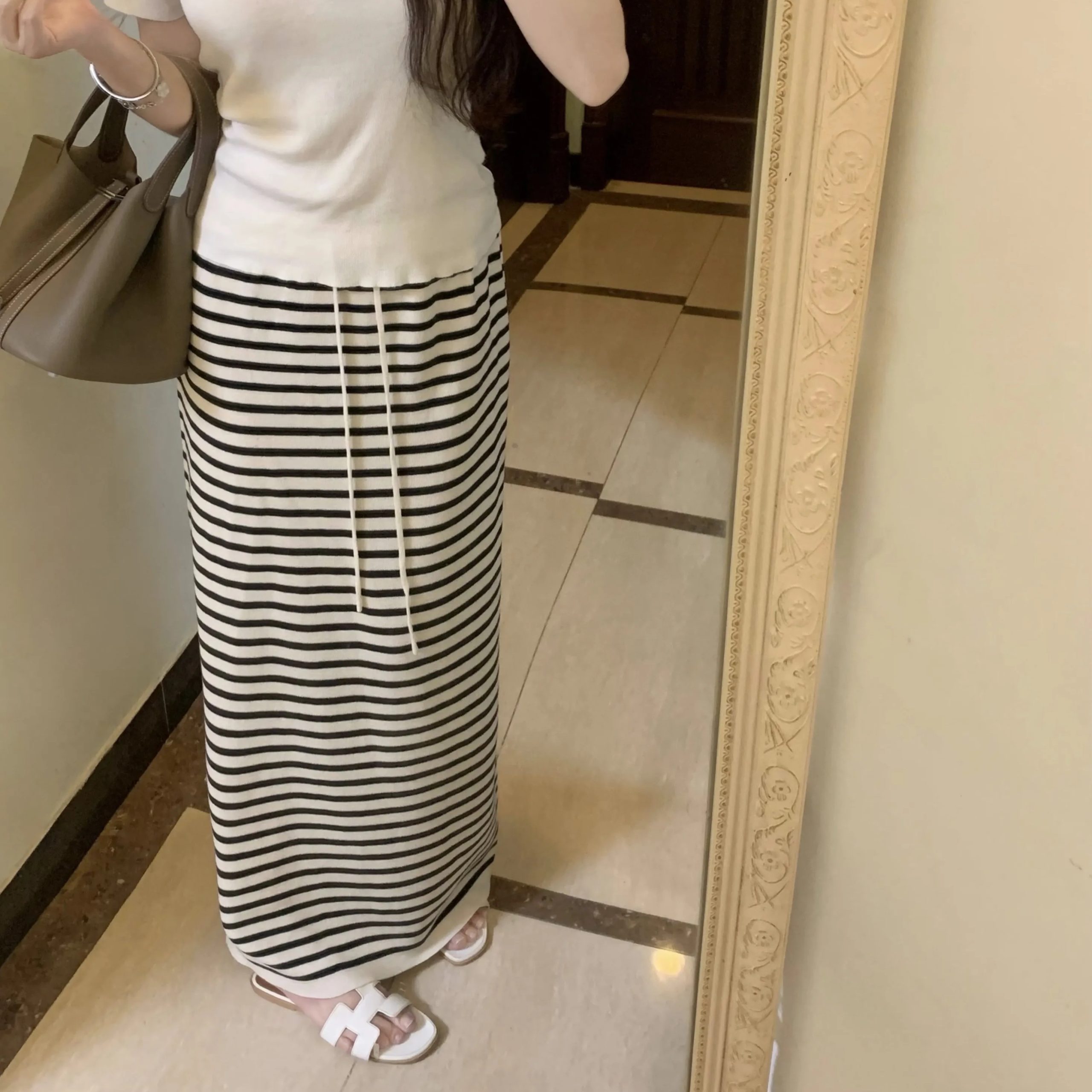 Korean Relaxed Striped Long Skirt for Women 2025 Summer Casual Slimming Straight Tie Skirt - Image 5