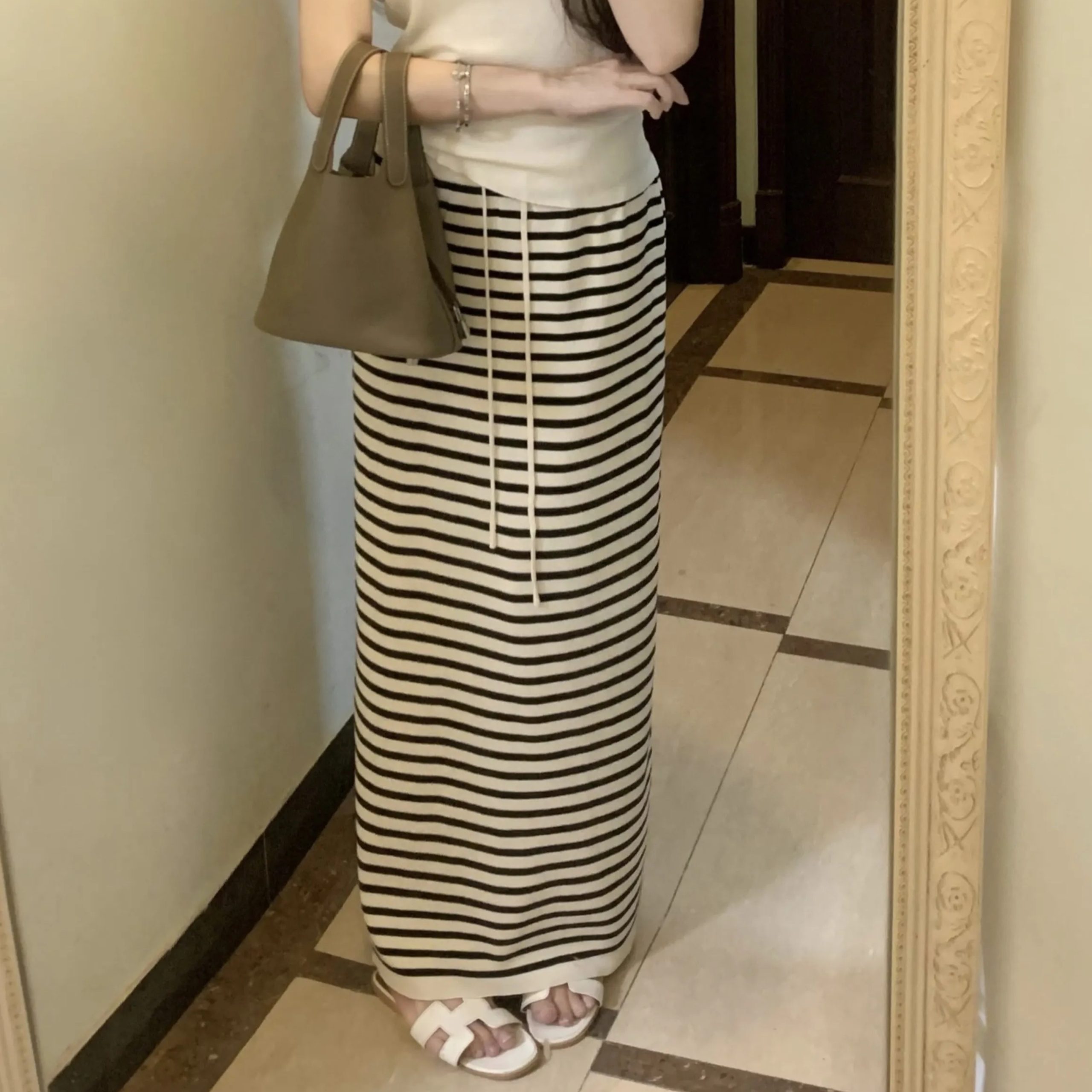 Korean Relaxed Striped Long Skirt for Women 2025 Summer Casual Slimming Straight Tie Skirt - Image 3