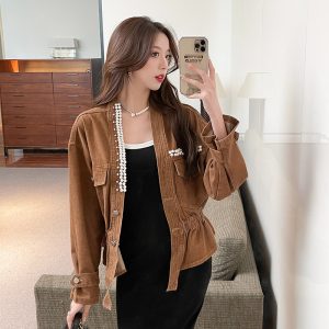 Korean Style Slim Fit Studded V Neck Denim Jacket for Women