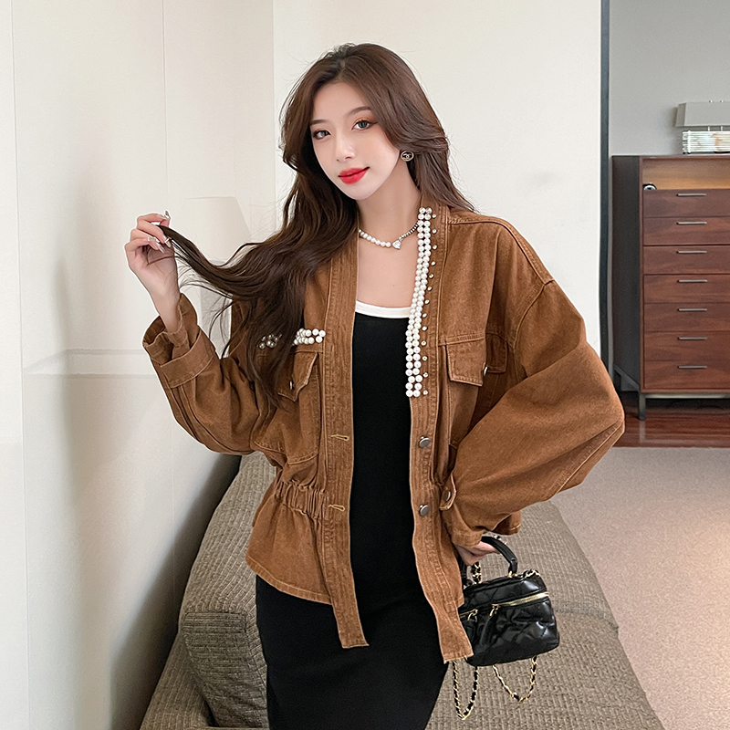 Korean Style Slim Fit Studded V Neck Denim Jacket for Women - Image 2