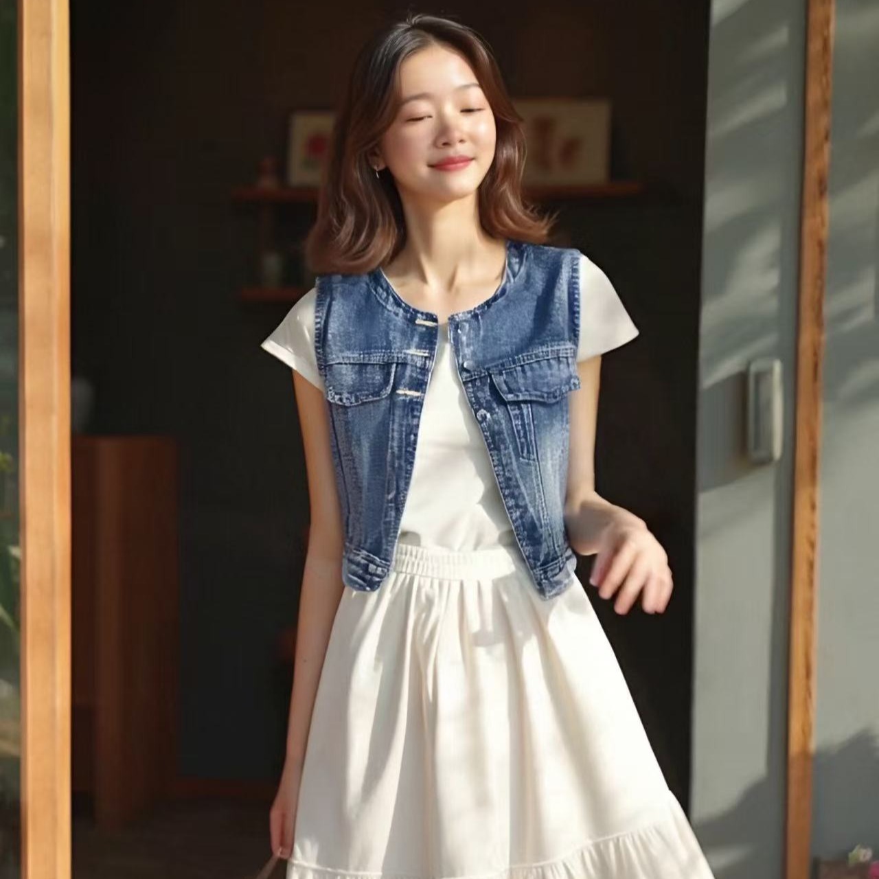 Korean Style Layered Denim Vest Top Women's Short Sleeveless - Image 4