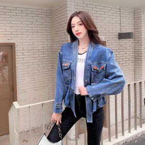 Women's V-Neck Embroidered Denim Jacket with Heart Logo Detail
