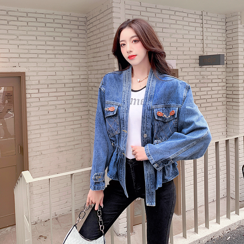 Women's V-Neck Embroidered Denim Jacket with Heart Logo Detail