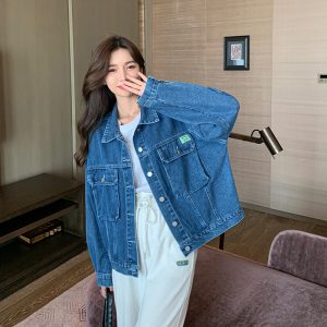 Korean Style Loose Fit Vintage Denim Long Sleeve Jacket for Women