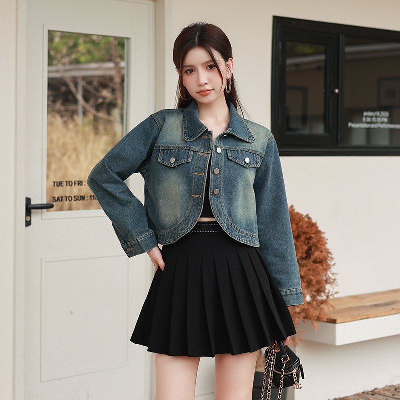 Women's Korean Style Loose Fit Vintage Denim Short Jacket Long Sleeve