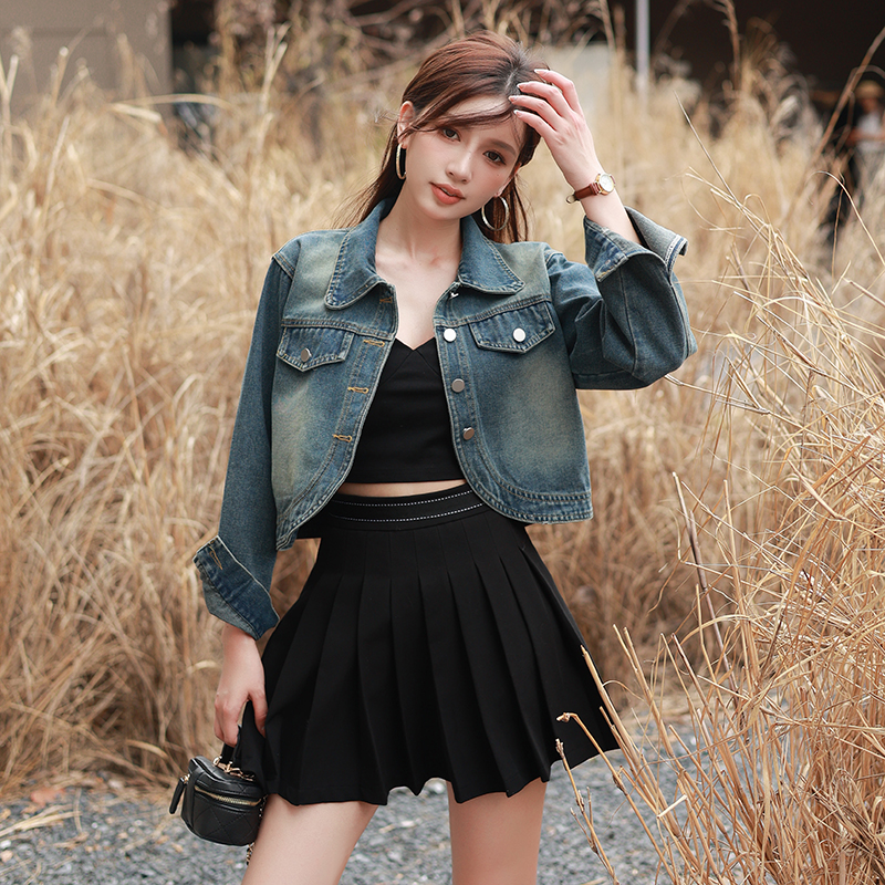 Women's Korean Style Loose Fit Vintage Denim Short Jacket Long Sleeve - Image 2