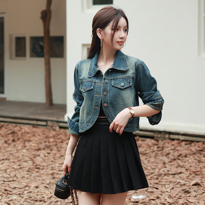 Women's Korean Style Loose Fit Vintage Denim Short Jacket Long Sleeve - Image 3