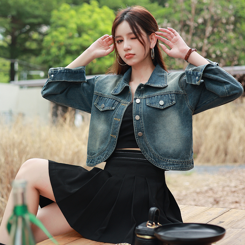 Women's Korean Style Loose Fit Vintage Denim Short Jacket Long Sleeve - Image 4