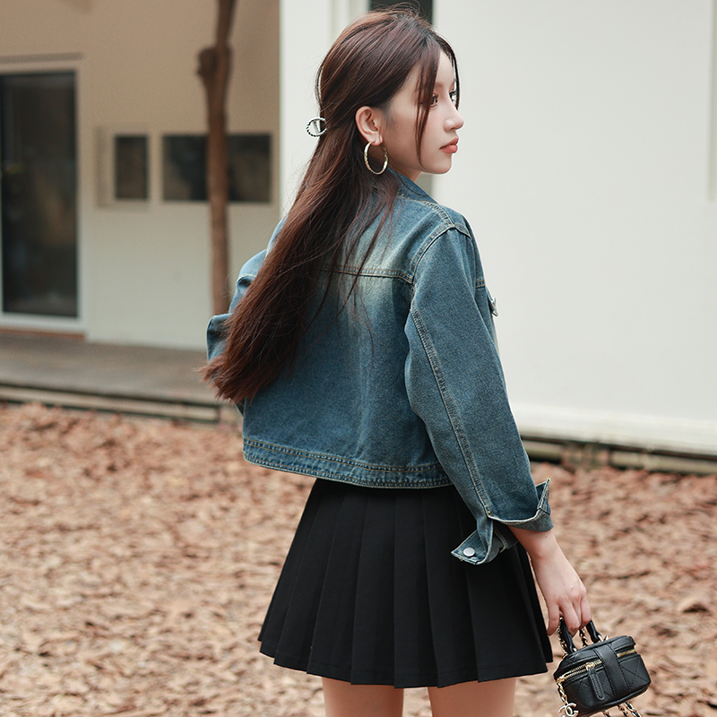 Women's Korean Style Loose Fit Vintage Denim Short Jacket Long Sleeve - Image 5