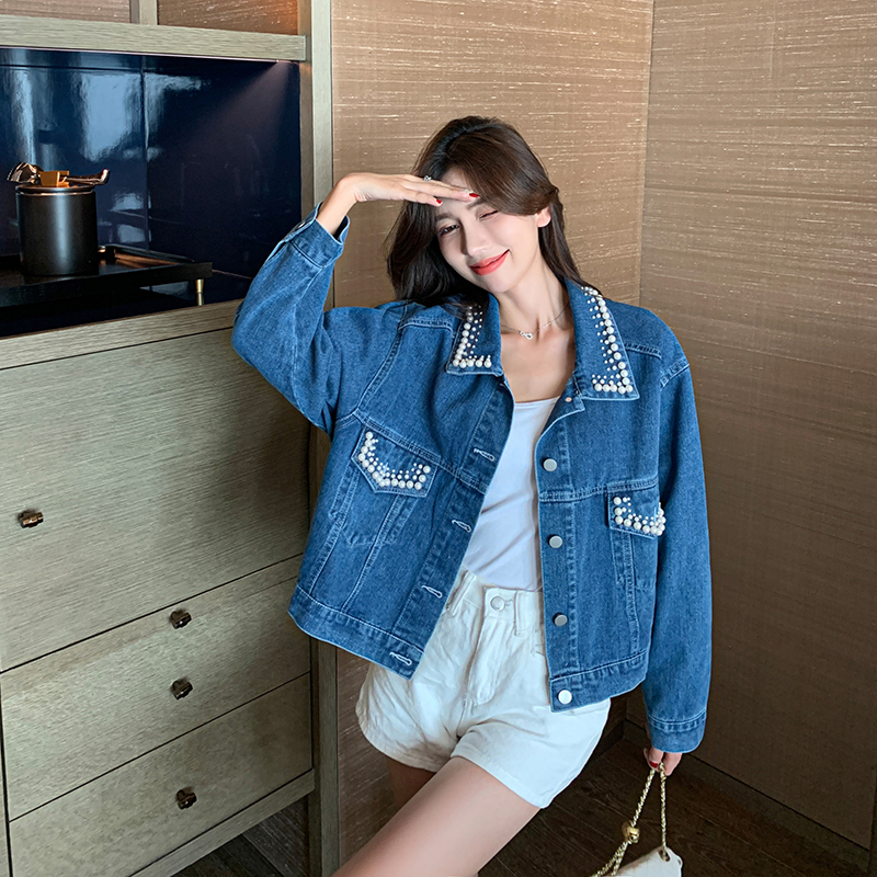 Women's Loose Beaded Denim Jacket Retro Korean Style Spring Autumn Outerwear - Image 3