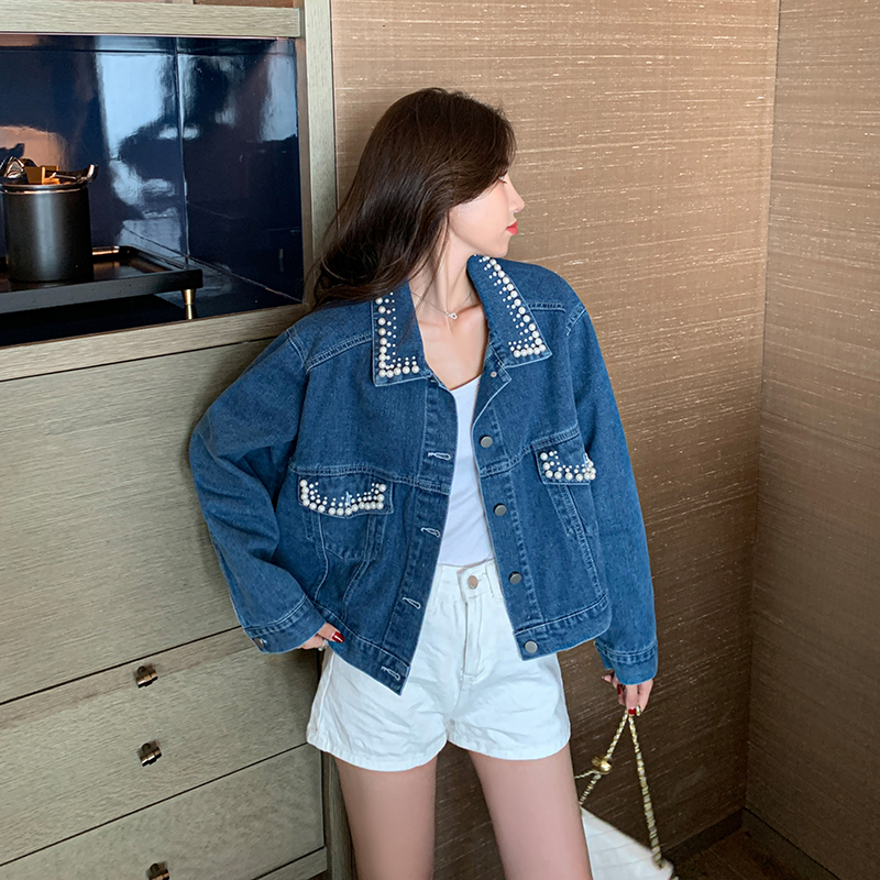 Women's Loose Beaded Denim Jacket Retro Korean Style Spring Autumn Outerwear - Image 5