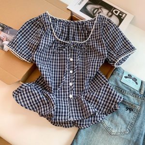 Korean Sweet Plaid Short Sleeve Shirt Women Summer New Design Niche Versatile Temperament Top - Style cd63e9