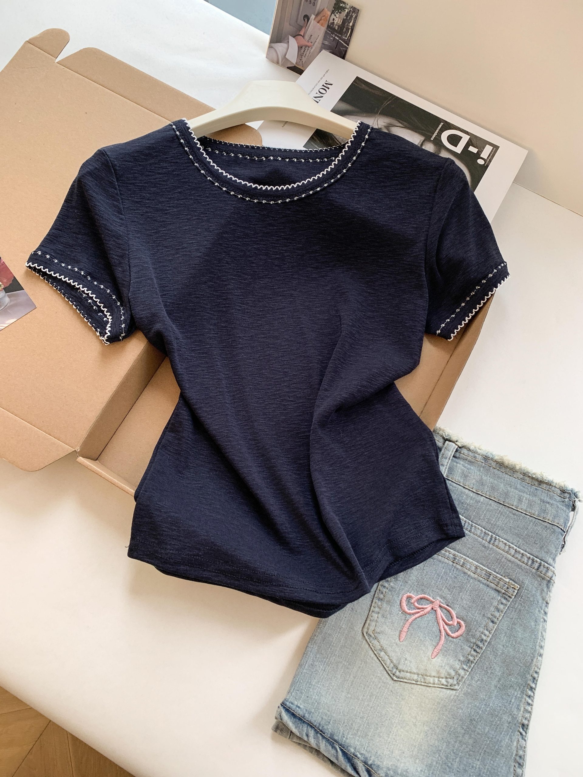 2026 New Crew Neck Korean Style Knit Short Sleeve Cropped T-Shirt Top for Women - Image 2