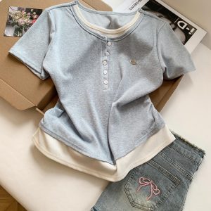 Women's Regular Shoulder T-Shirt Summer New Niche Design Yellow Faux Two-Piece Spliced Short Sleeve Top Trendy