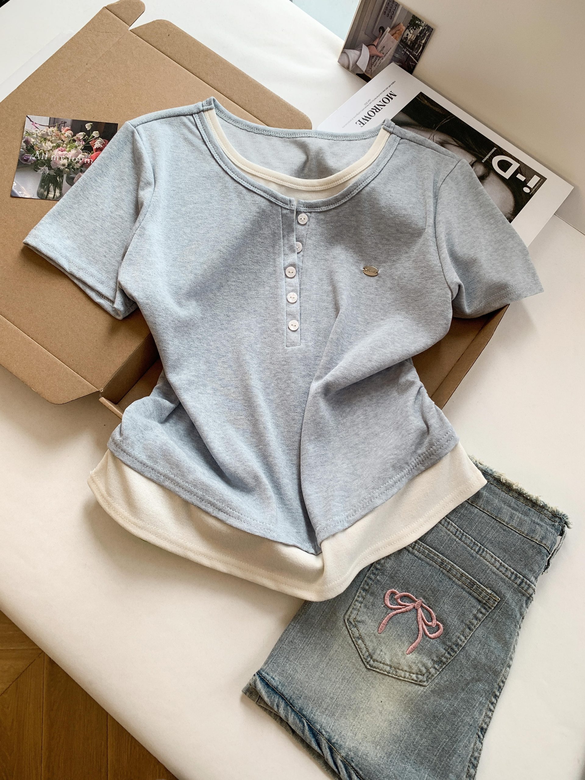 Women's Regular Shoulder T-Shirt Summer New Niche Design Yellow Faux Two-Piece Spliced Short Sleeve Top Trendy
