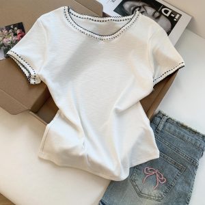 2026 New Crew Neck Korean Style Knit Short Sleeve Cropped T-Shirt Top for Women