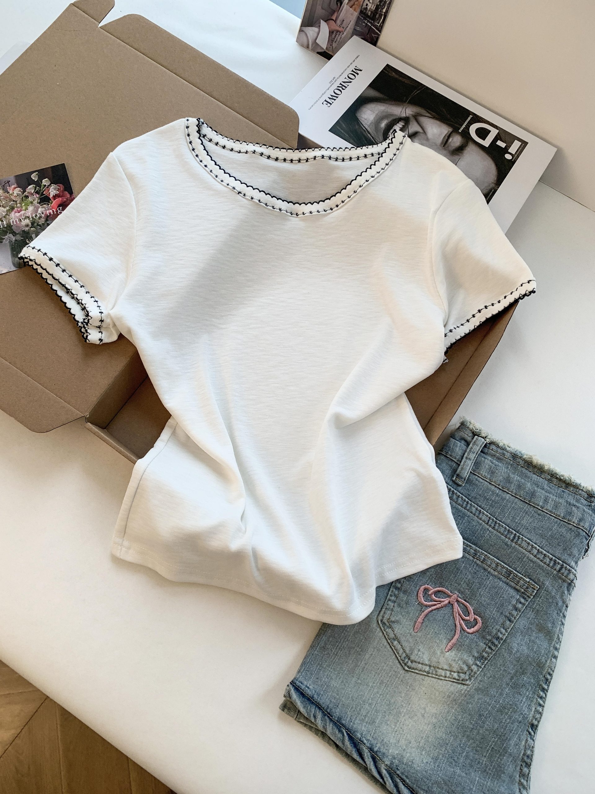 2026 New Crew Neck Korean Style Knit Short Sleeve Cropped T-Shirt Top for Women