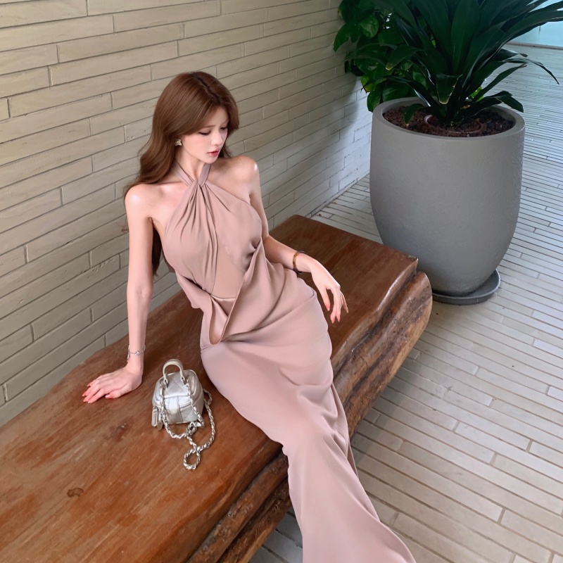French Style Elegant Sleeveless Halter Neck Long Dress for Women Summer
