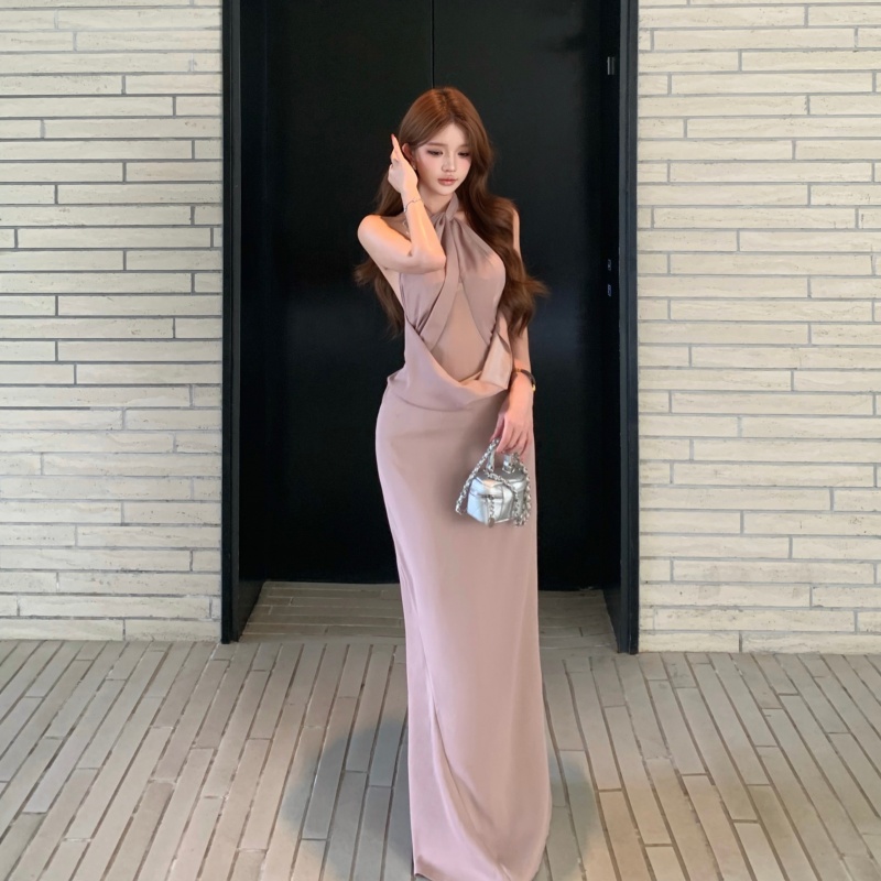 French Style Elegant Sleeveless Halter Neck Long Dress for Women Summer - Image 2
