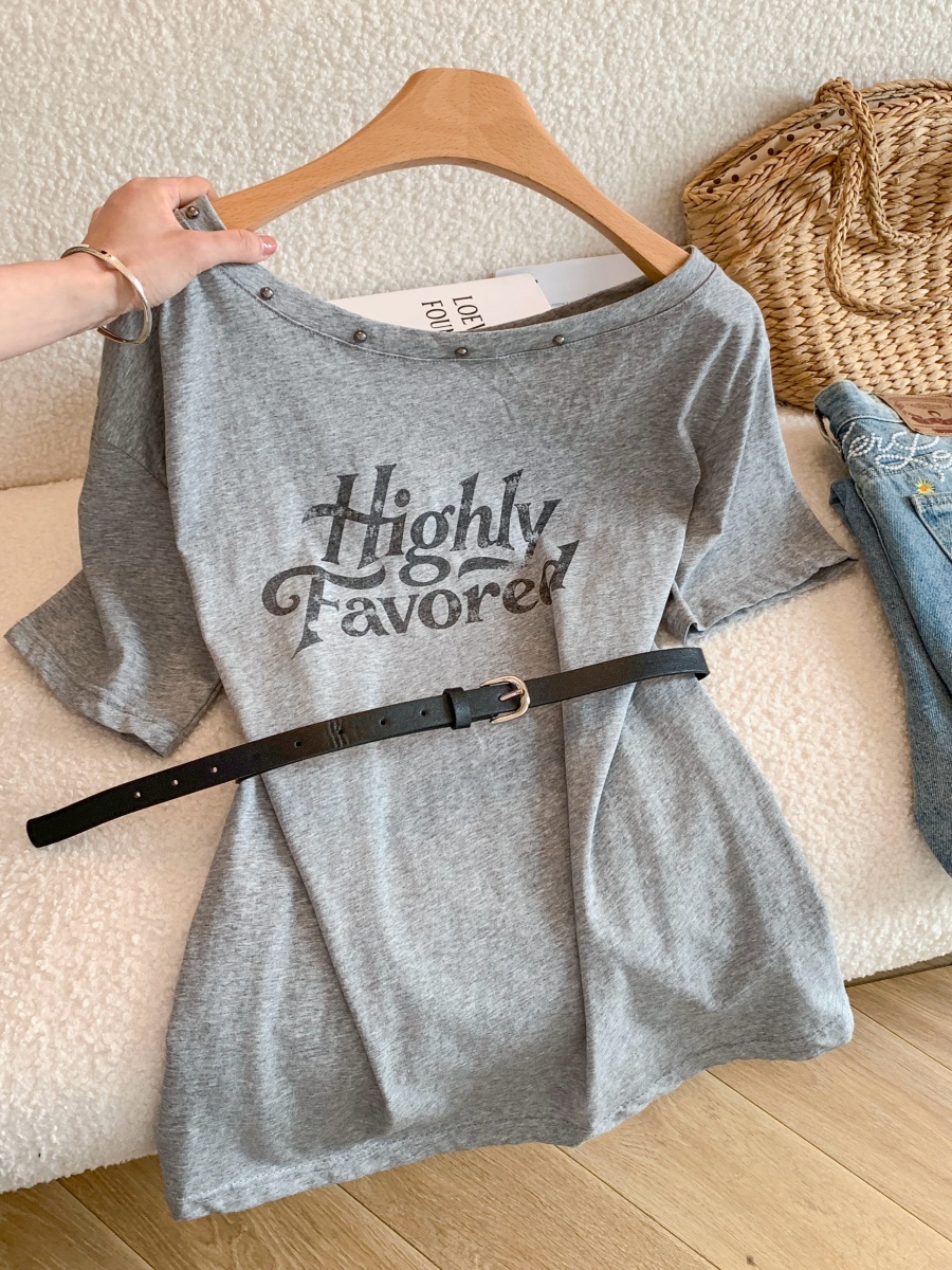 2026 Summer Korean Style Studded One-Shoulder Letter T-Shirt with Belt - Style 79d5c2 - Image 2