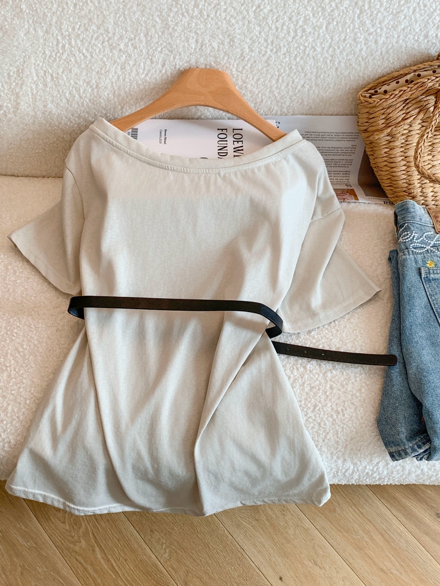2026 Summer Korean Style Studded One-Shoulder Letter T-Shirt with Belt - Style 79d5c2 - Image 4