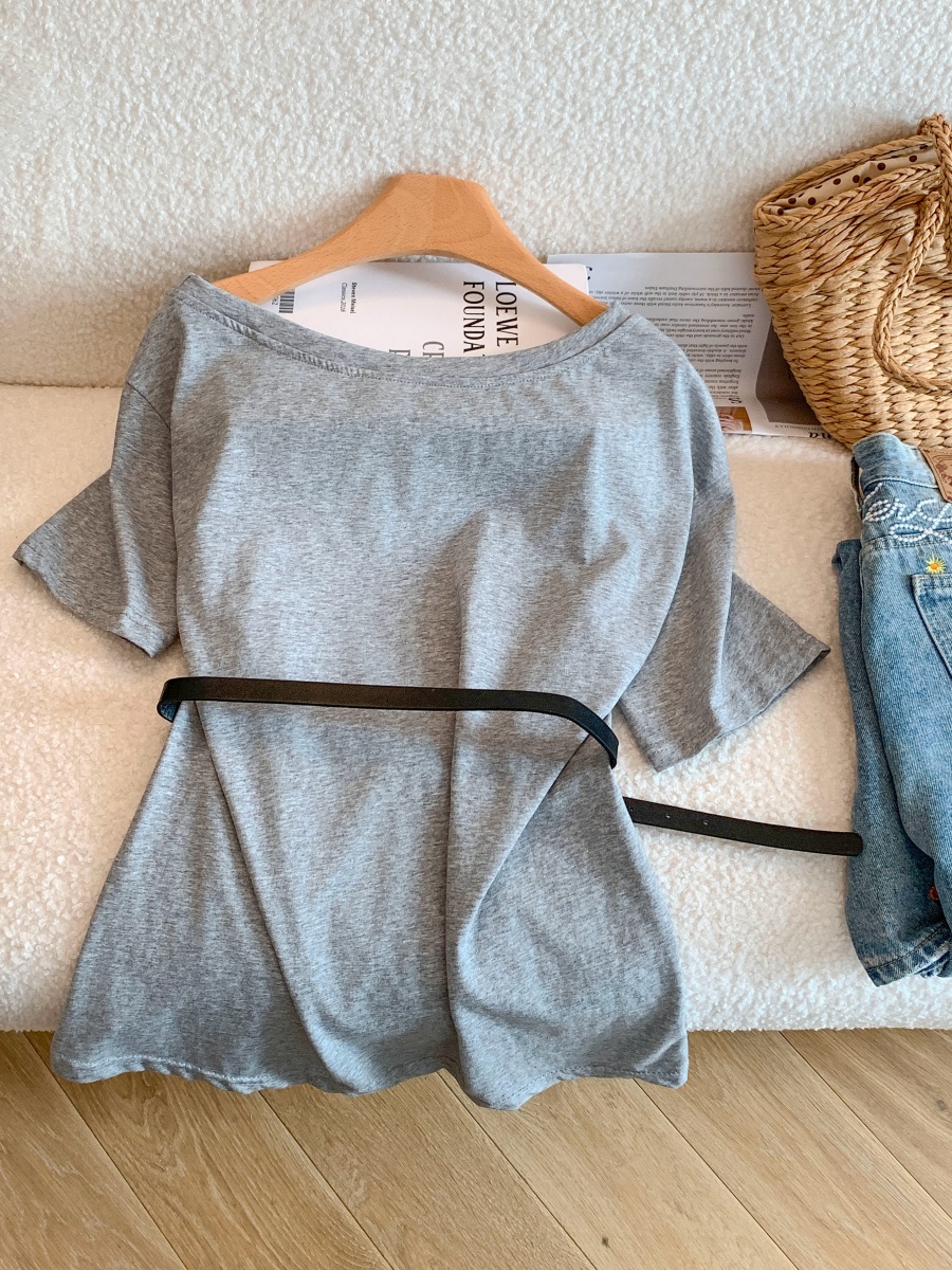 2026 Summer Korean Style Studded One-Shoulder Letter T-Shirt with Belt - Style 79d5c2 - Image 3