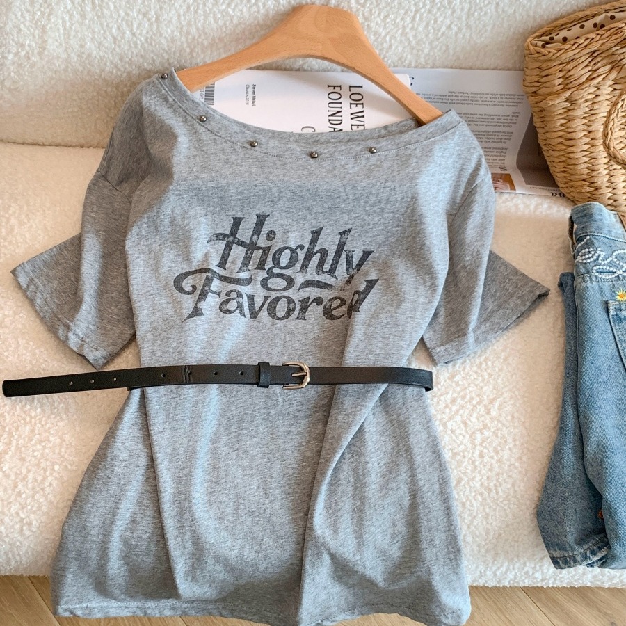 2026 Summer Korean Style Studded One-Shoulder Letter T-Shirt with Belt - Style 79d5c2 - Image 5