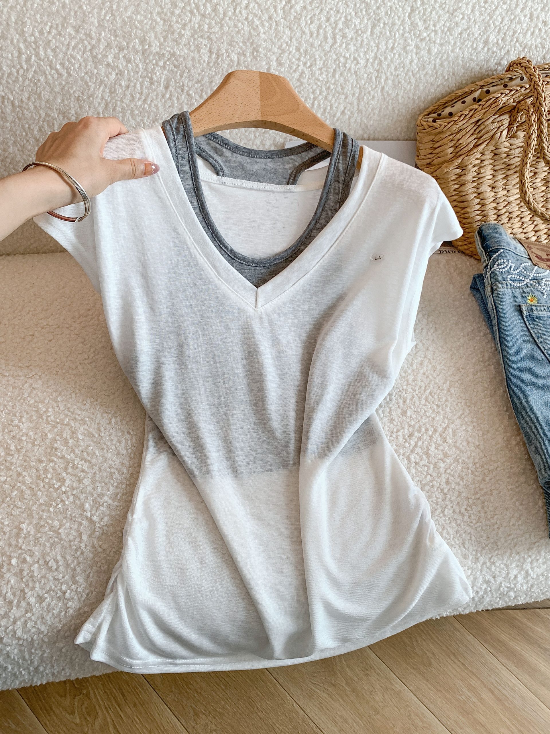 Women's Lyocell Short Sleeve T-Shirt Summer Korean Style Faux Two-Piece Camisole Hollow Out Top