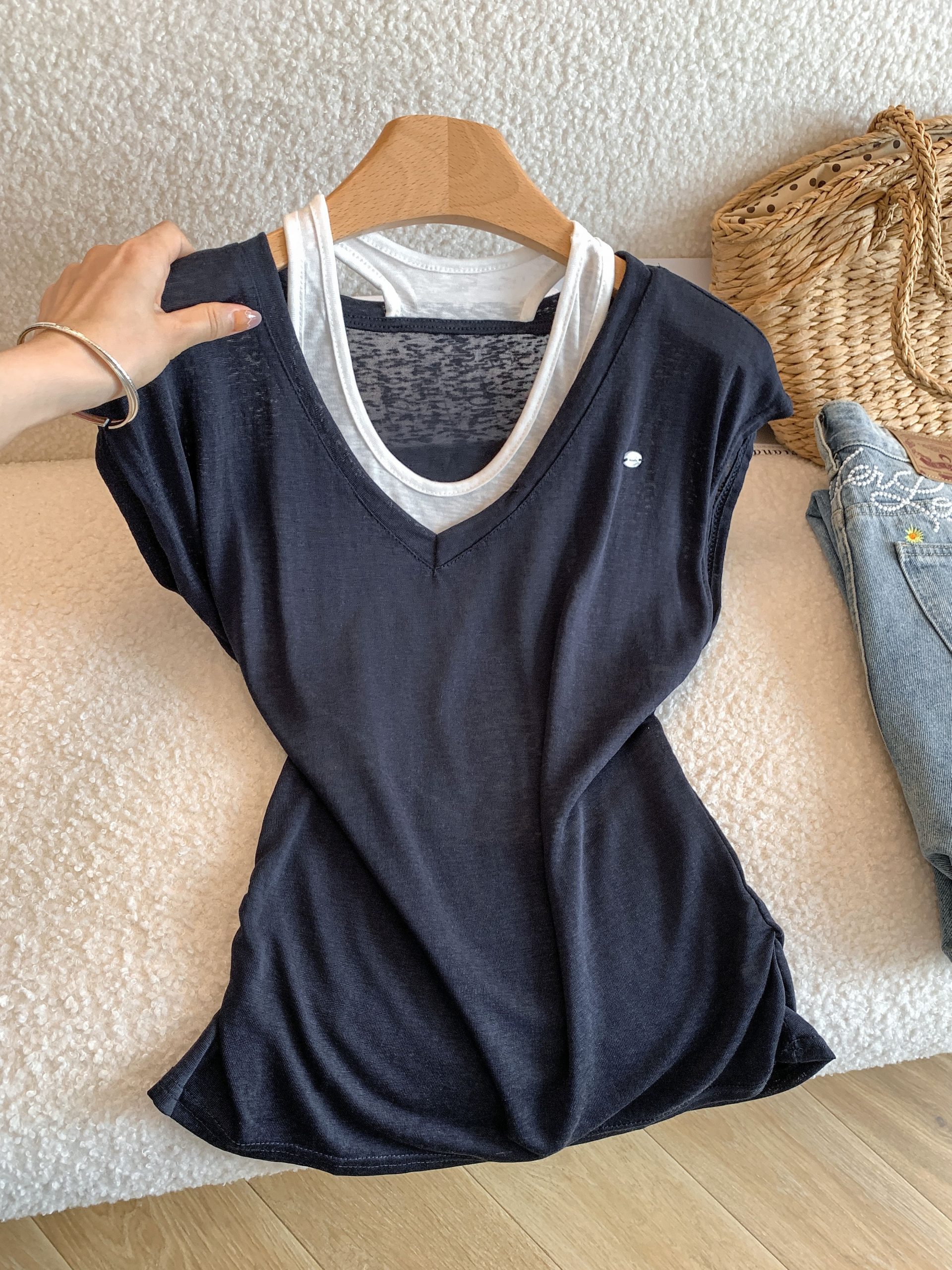 Women's Lyocell Short Sleeve T-Shirt Summer Korean Style Faux Two-Piece Camisole Hollow Out Top - Image 2