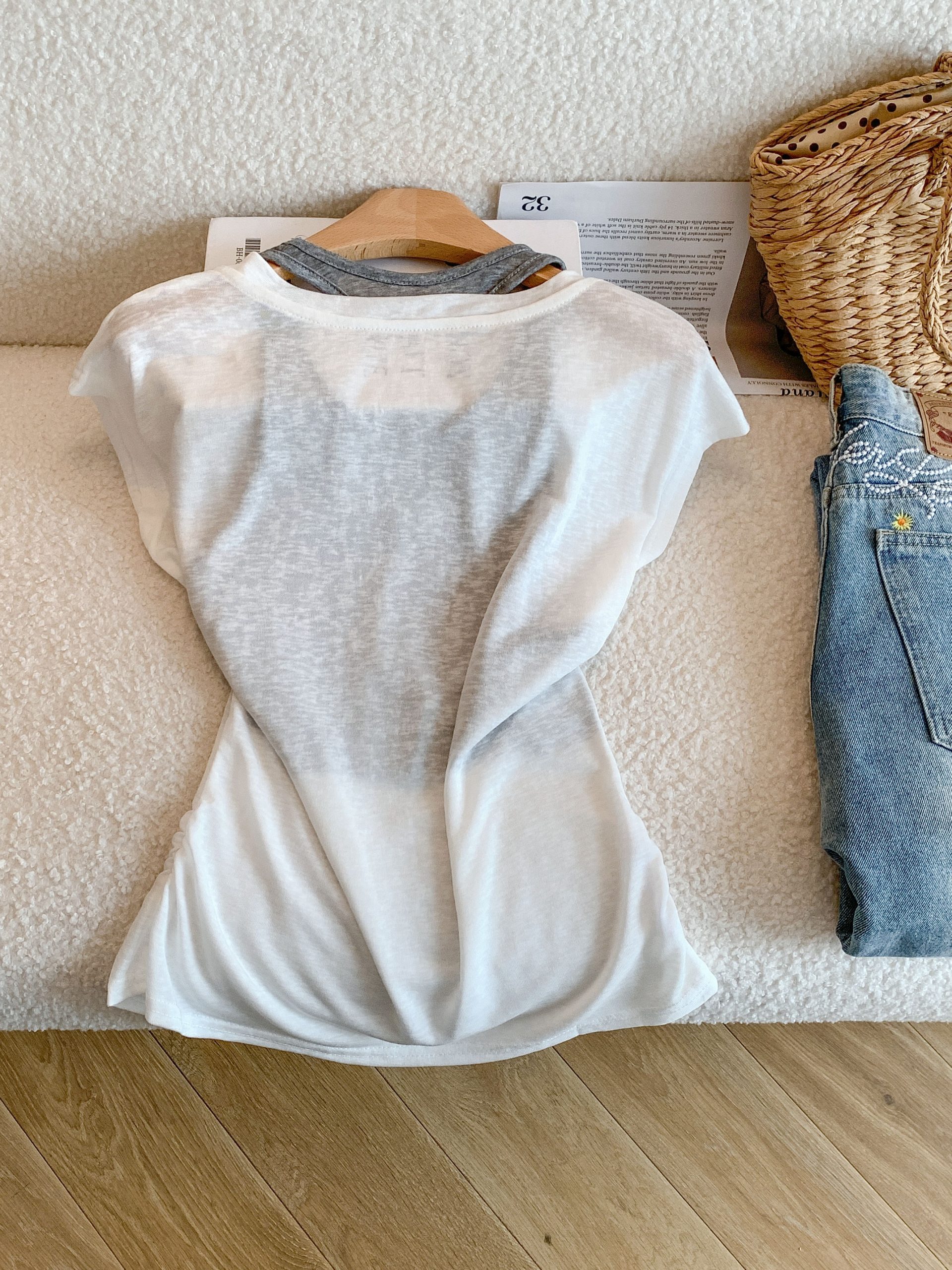 Women's Lyocell Short Sleeve T-Shirt Summer Korean Style Faux Two-Piece Camisole Hollow Out Top - Image 3