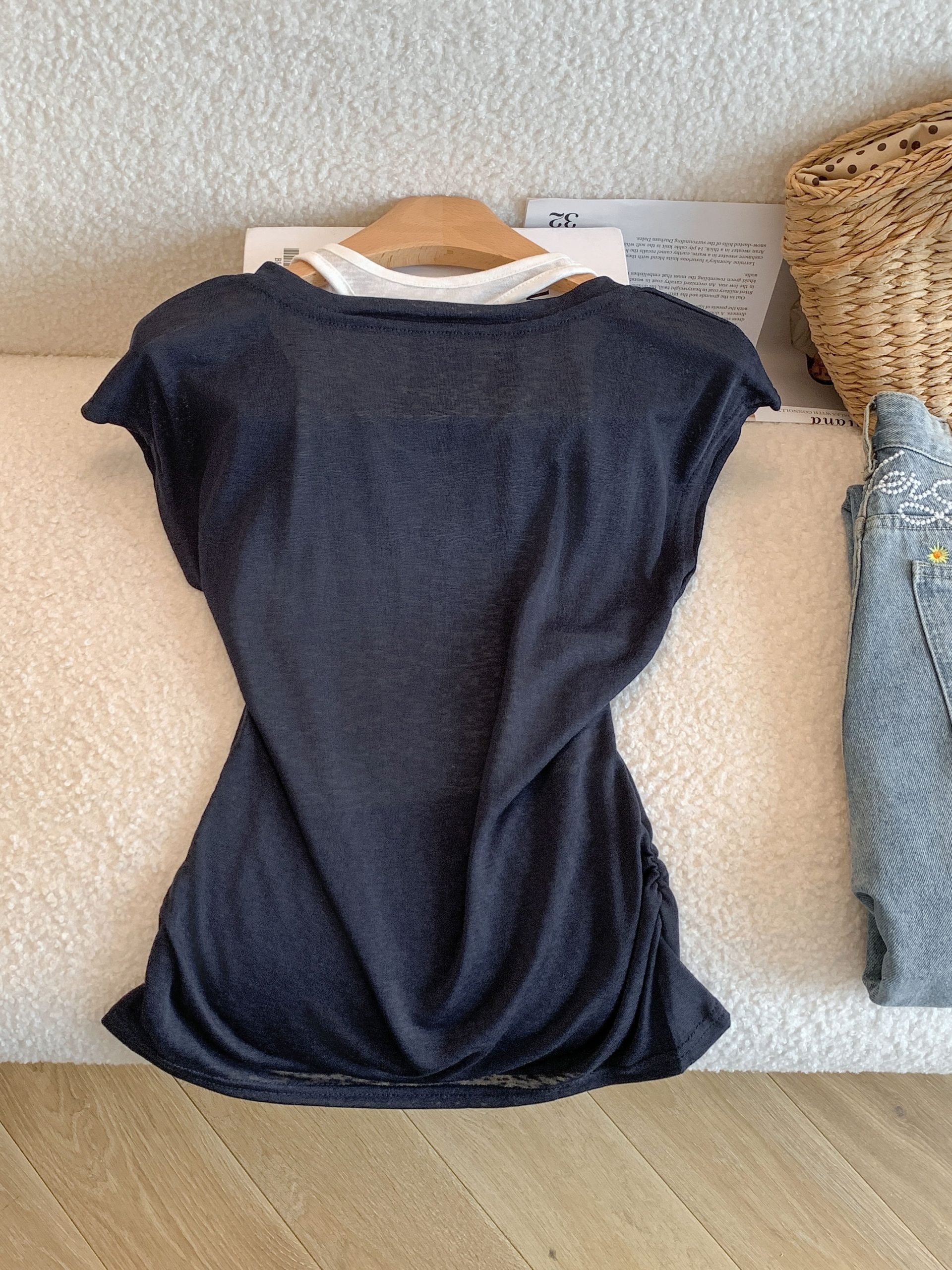 Women's Lyocell Short Sleeve T-Shirt Summer Korean Style Faux Two-Piece Camisole Hollow Out Top - Image 4