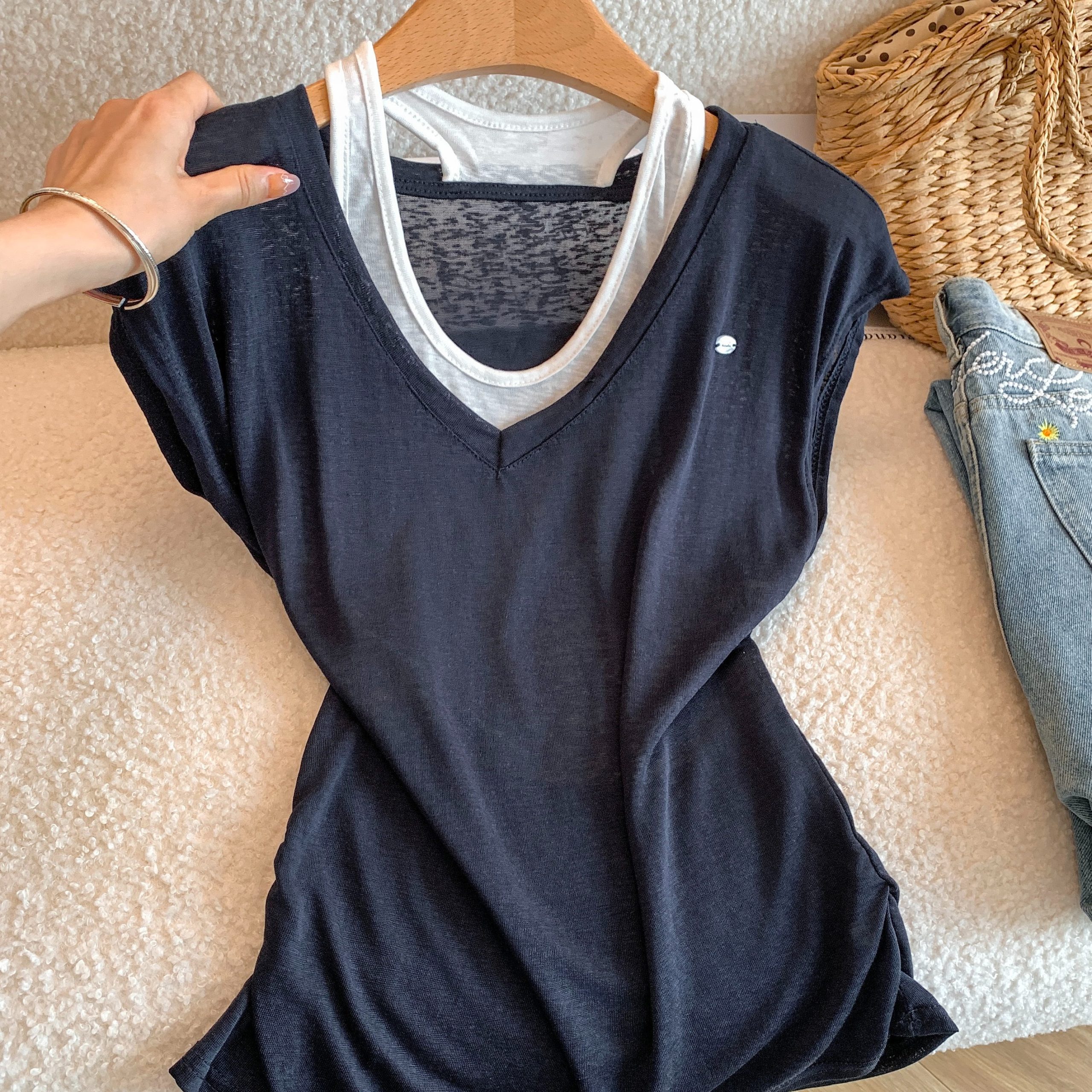 Women's Lyocell Short Sleeve T-Shirt Summer Korean Style Faux Two-Piece Camisole Hollow Out Top - Image 5