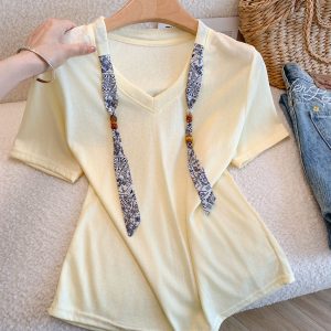 2026 Summer French Silk Scarf V-Neck Short Sleeve T-Shirt for Women - Slimming Gray Top