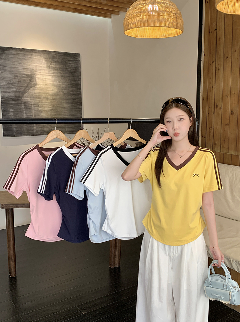 Plus Size Women's American Retro V-Neck Bow Short Sleeve Top Summer 2026 - Style 9794c6 - Image 4