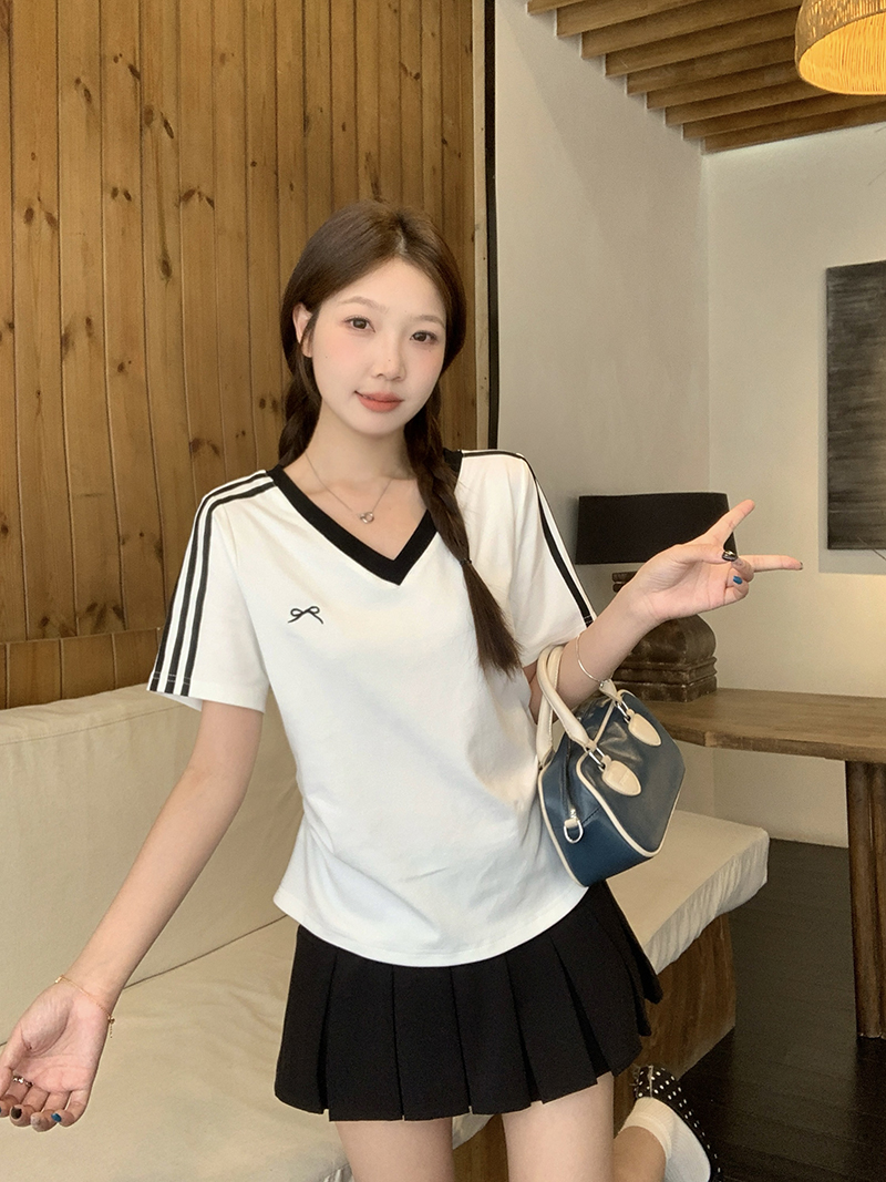 Plus Size Women's American Retro V-Neck Bow Short Sleeve Top Summer 2026 - Style 9794c6 - Image 2