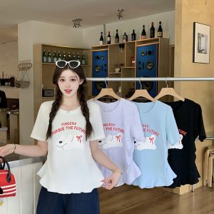 Plus Size Sweet Cartoon Dog Print Ruffle Short Sleeve T-Shirt Summer 2026 - Style 99a41e