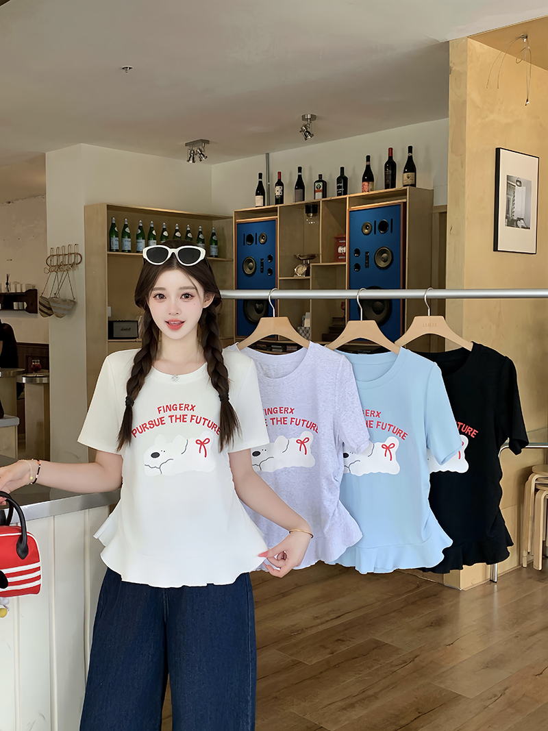 Plus Size Sweet Cartoon Dog Print Ruffle Short Sleeve T-Shirt Summer 2026 - Style 99a41e