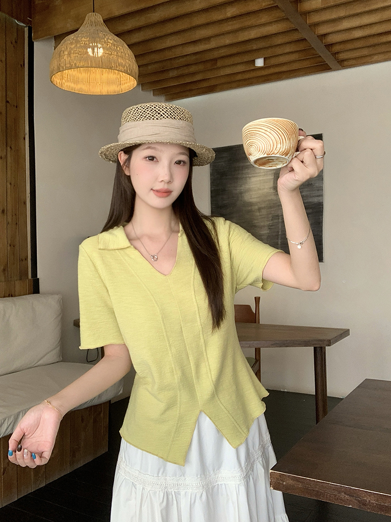 2026 Summer Plus Size Women's Slimming Ruffle Trim Short Sleeve T-Shirt with Lapel Collar - Style 6690bf - Image 3