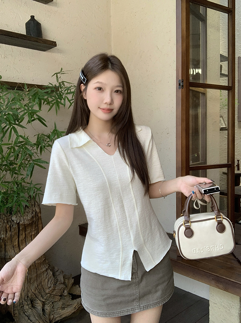 2026 Summer Plus Size Women's Slimming Ruffle Trim Short Sleeve T-Shirt with Lapel Collar - Style 6690bf - Image 4