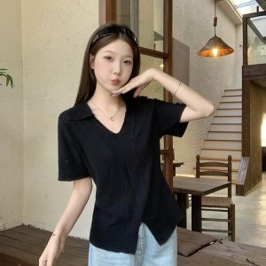 2026 Summer Plus Size Women's Slimming Ruffle Trim Short Sleeve T-Shirt with Lapel Collar - Style 6690d5